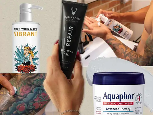 Collage of tattoo healing lotions with a hand holding a tube of Mad Rabbit Repair Soothing Gel and featuring Aquaphor Healing Ointment