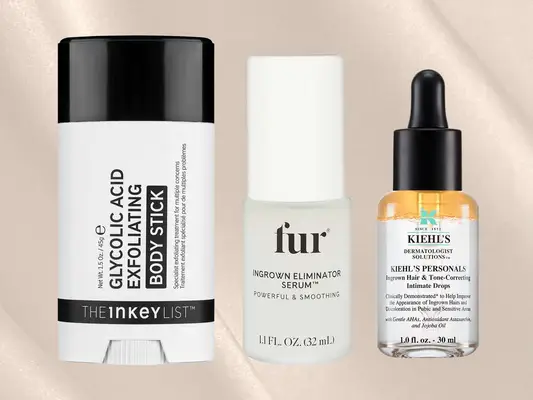 A collage of three ingrown hair treatments, including the Inkey List Glycolic Acid Exfoliating Body Stick, Fur Ingrown Eliminator Serum and Kiehl