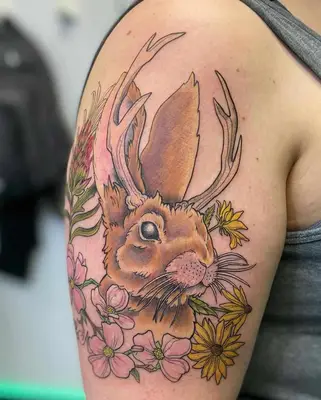 jackalope tattoo with sunflowers