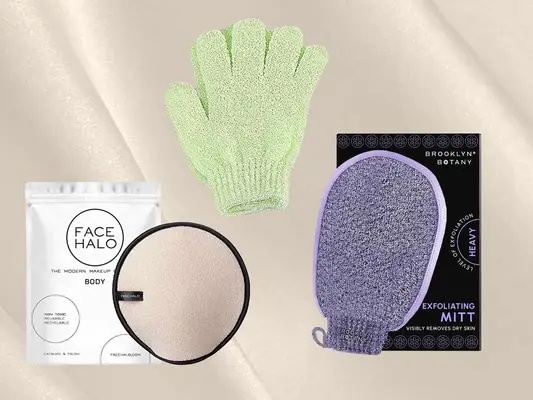Collage of exfoliating gloves, including Face Halo Body Exfoliator and Brooklyn Botany Heavy Duty Exfoliating Body Scrubber