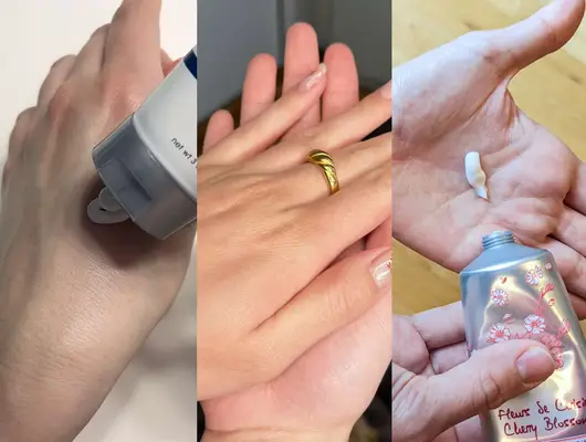 A collage of three different testers applying hand creams onto their hands
