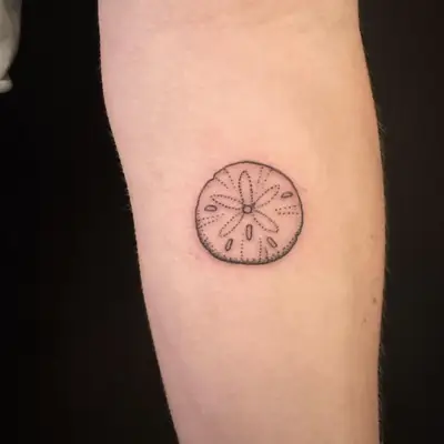 image of black ink fine line tattoo of sand dollar