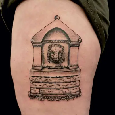 image of black ink fine line tattoo of animal head in structure