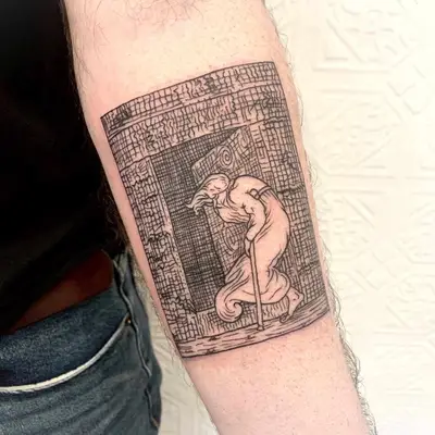 image of black ink fine line tattoo on forearm of person walking in door leaning on cane