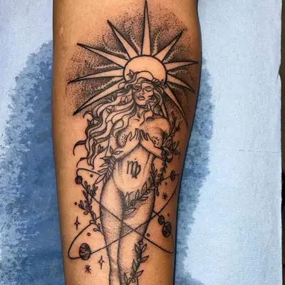 image of black ink fine line tattoo of woman with sun behind head and covered in vines