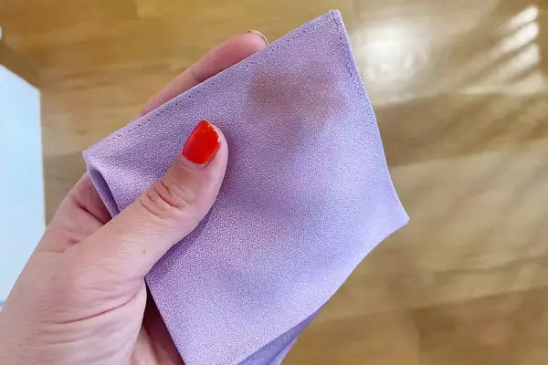 Hand holding a Brooklinen Super-Plush Washcloth, Hand holding the Tatcha Kinu Pure Silk Polishing Face Cloth