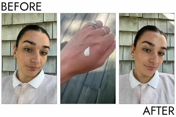 Before, swatch, and after of using the Summer Fridays ShadeDrops sunscreen