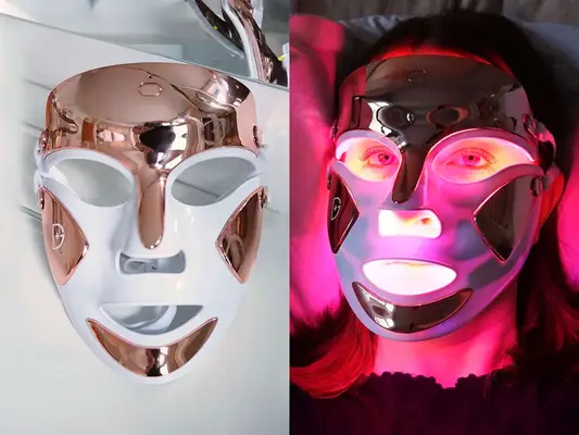 A LED light therapy face mask shown with lights off and in use with lights on