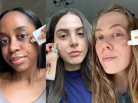 A person applying Beauty of Joseon Daily Tinted Fluid Sunscreen to their face, a person applying Merit The Uniform Tinted Mineral Sunscreen Broad Spectrum SPF 45 to their face, and a person applying La Roche-Posay Anthelios Mineral Tinted Sunscreen for Face SPF 50 to their face