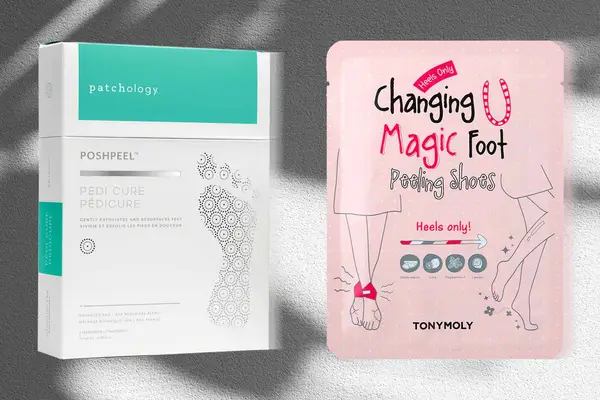 Two foot peels we recommend, including Patchology and Tonymoly, collaged on a grey and white background