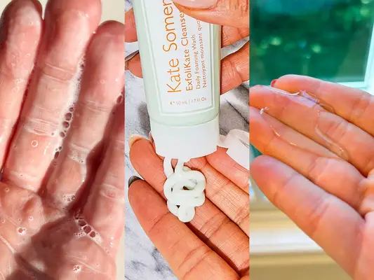 side by side collage of hands testing face washes, with one showing the Kate Sommerville ExfoliKate foaming wash