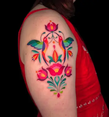 my color work represents the energy, rather than the realistic color of my subject. This piece represents my client