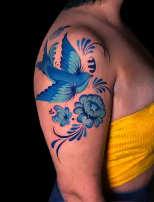 Talavera Mexican folk inspired bird tattoo