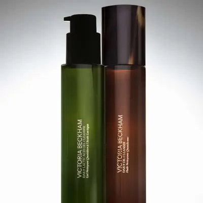Product images of the new Victoria Beckham Beauty Daily Lactic Acid Gel Cleanser and the new Daily Oil Cleanser