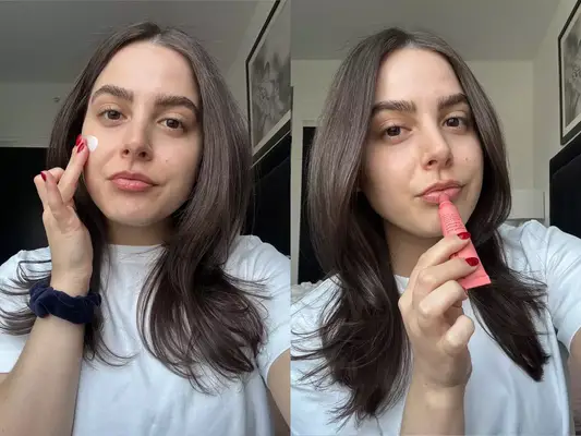 photos of a person testing the best Peptide Skincare products on their face
