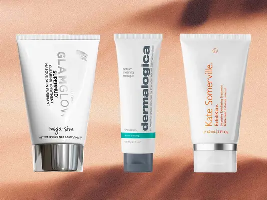 A collage of three face masks for pores from Glamglow, Dermalogica, and Kate Somerville that we recommend on a tan background