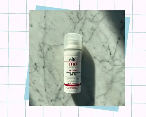 Collage of EltaMD UV Clear Broad-Spectrum SPF 46 Facial Sunscreen on a colorful background