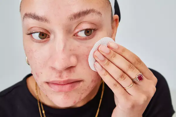 Person using a cotton round on their cheek