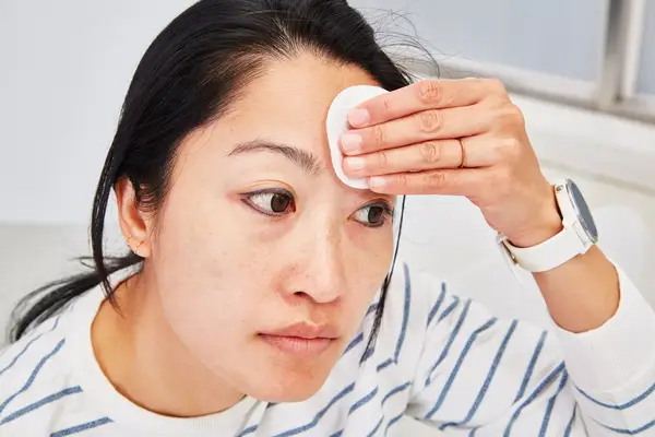 Person pressing a cotton pad against their forehead