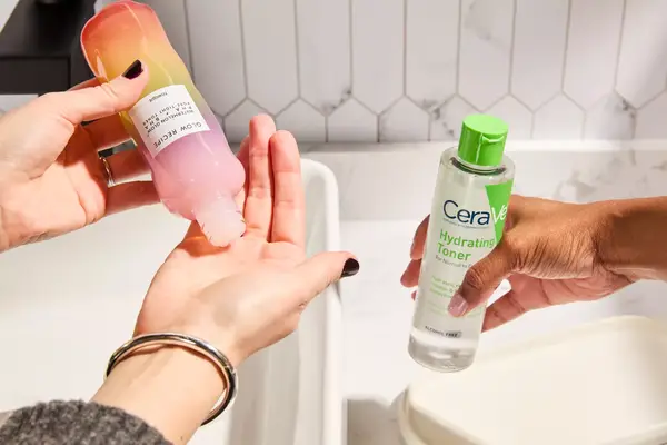 Two sets of hands holding tested and approved toners from Glow Recipe and CeraVie 