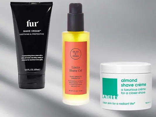 A collage of shaving creams on a gray background