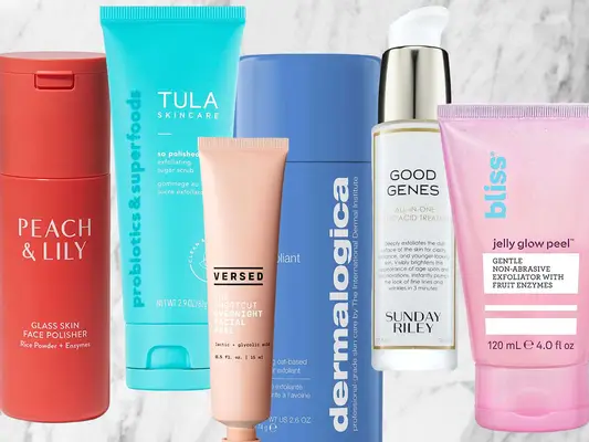 A collage of non-abrasive scrubs we recommend including picks from Tula Skincare, Bliss and Dermalogica on neutral background
