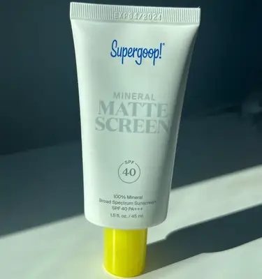 Supergoop! Mineral Mattescreen SPF 40 upright on a table