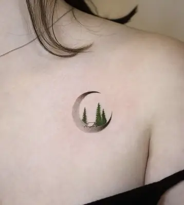 camping scene inside crescent moon tattoo