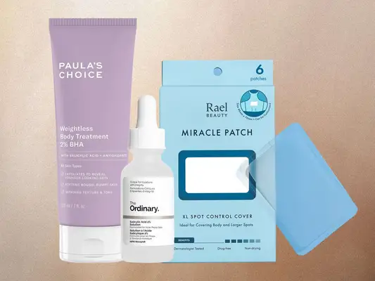 Paula’s Choice, The Ordinary, and Rael Beauty back acne products on a colorful background