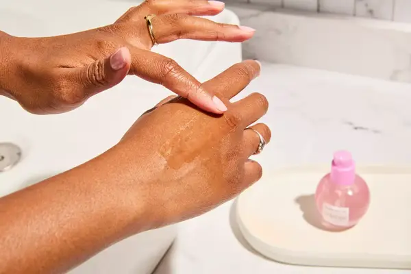 Person tests Glow Recipe Plum Plump Hyaluronic Acid Serum on their hand