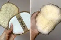The Almooni Natural Loofah Exfoliating Body Scrubber before and after use