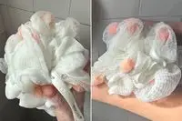 The ecoTools Lathering EcoPouf Bath Sponge before and after use