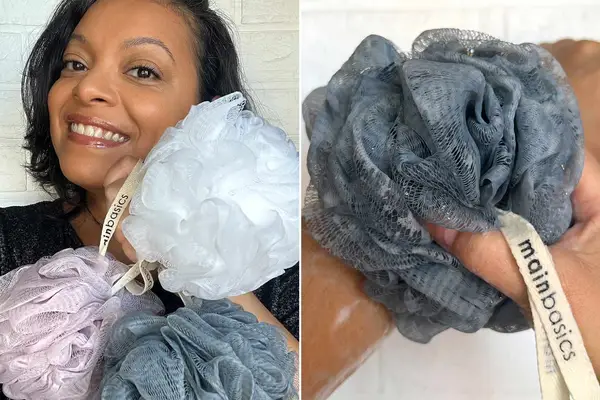 A person before and after using the MainBasics Main Basics Bath Shower Loofah