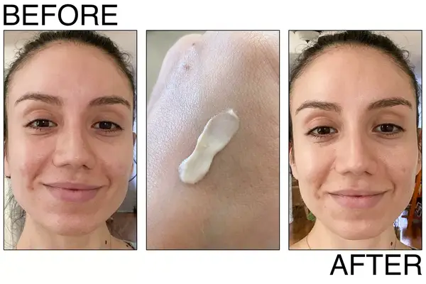 A person before and after applying the Sunday Riley Auto Correct Eye Cream