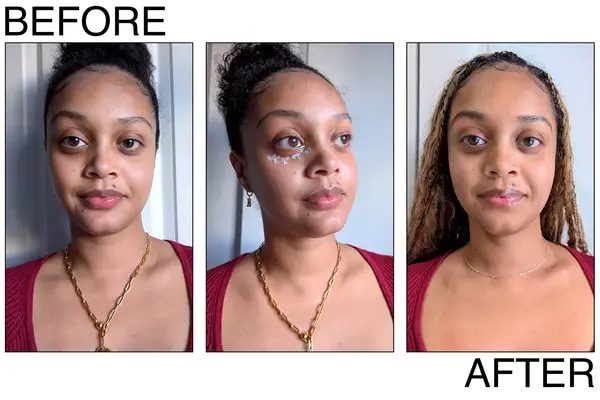 A person before, during, and after applying the Tatcha The Brightening Eye Cream to their under eye area