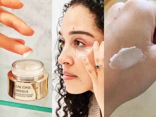 A collage of testing eye creams including a jar of Lâncome Absolue Revitalizing Eye Cream, a woman applying eye cream and a hand with cream on it 