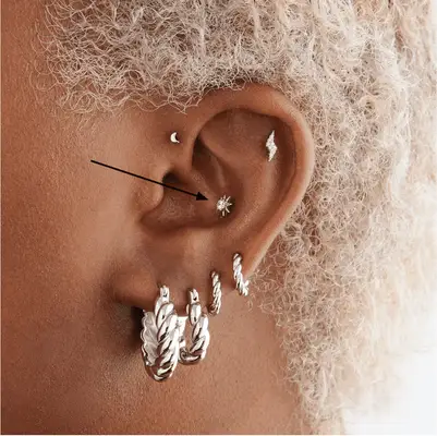 Close up of the singer FKA Twigs with several piercings in her conch