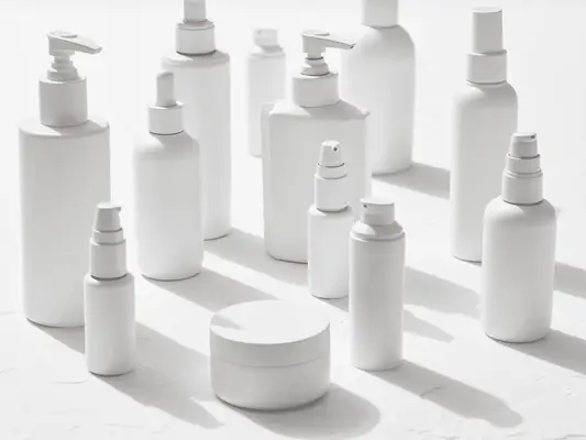 White bottles of different shapes and sizes without labels