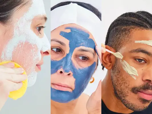 A collage of three people applying clay masks to their faces
