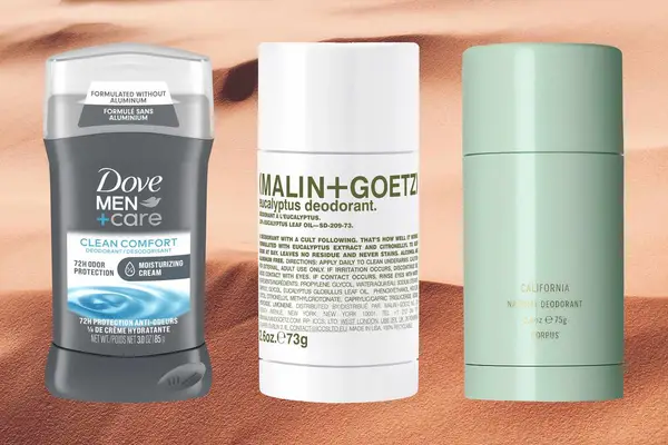 a collage of popular deodorant for men featuring brands Dove, Malin + Goetz, and Corpus on neutral backgroun