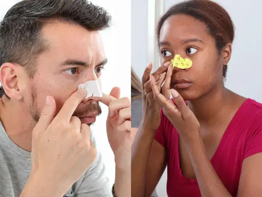 Person Testing Biore Deep Cleansing Pore Strips and Starface Lift Off Pore Strips On Their Nose Looking Into Mirror