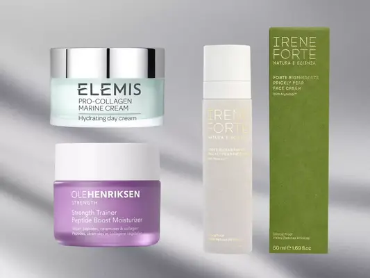 A collage of collagen creams we recommend on a gray background, including Irene Forte Forte Rigenerante Prickly Pear Face Cream and Elemis Pro-Collagen Marine Cream