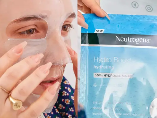 Person applying a Neutrogena Hydro Boost Hydrating 100% Hydrogel Mask to their face and Hands holding a Neutrogena Hydro Boost Hydrating 100% Hydrogel Mask package 