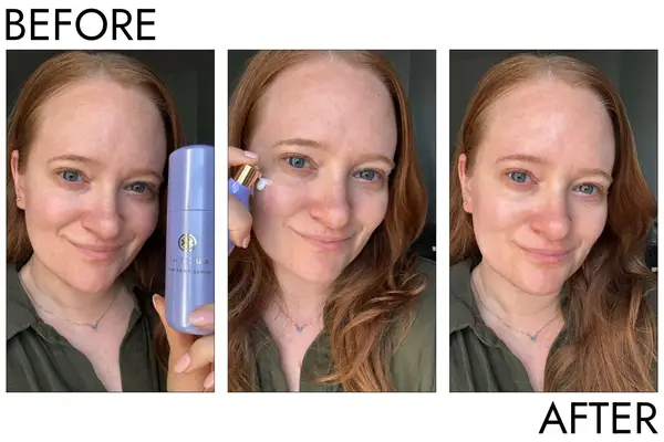 A person before and after using the Tatcha The Dewy Skin Serum