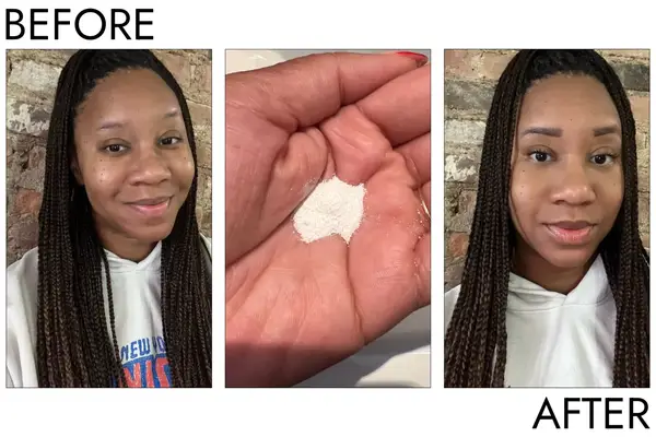 A person before and after using the Tatcha The Rice Polish Enzyme Powder