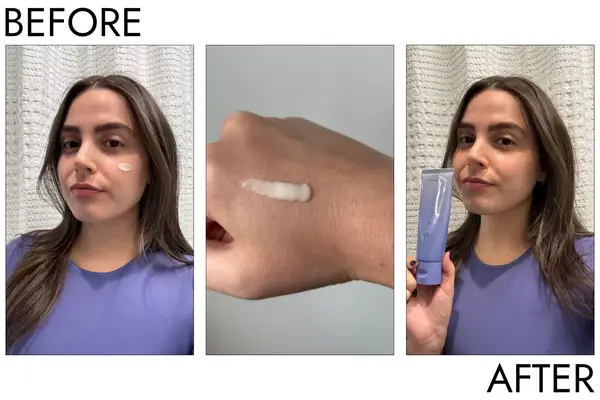 A person before and after using the Tatcha The Rice Wash