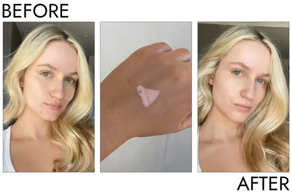 A person before and after using the Tatcha The Silk Sunscreen