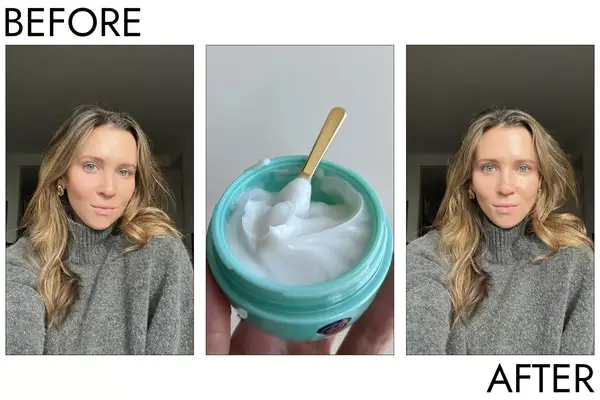 A person before and after using the The Water Cream