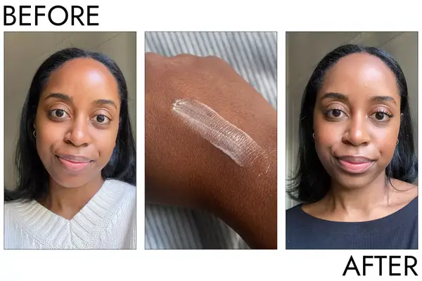 A person before and after using the Tatcha The Liquid Silk Canvas Primer
