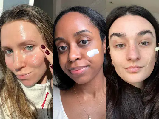 A person using their finger to apply La Roche-Posay Matte Toleriane Double Repair Moisturizer to their cheek next to a person with a swatch of La Roche-Posay Cicaplast Balm B5 on their cheek and a person applying La Roche-Posay Retinol B3 Pure Retinol Serum to their cheek